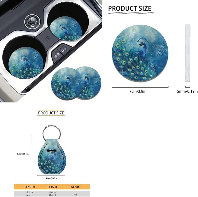 Suobstales Blue Peacock Print Car Seat Covers Front Back Split Bench Protector for SUV Truck Van, 15 Inch Steering Wheel Covers, Seat Belt Covers, Coasters, Keychain Auto Decor for Women Men