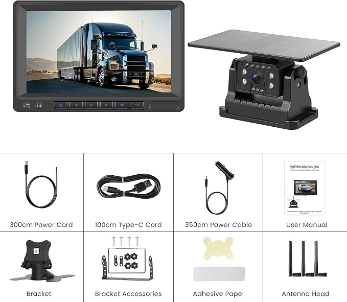 Wireless Solar Backup Camera with 7-Inch HD IPS Display, IP69 Waterproof Magnetic Mount, Infrared Night Vision, No Wiring Easy Installation, Rear View Camera for Car/Truck/Trailer/RV