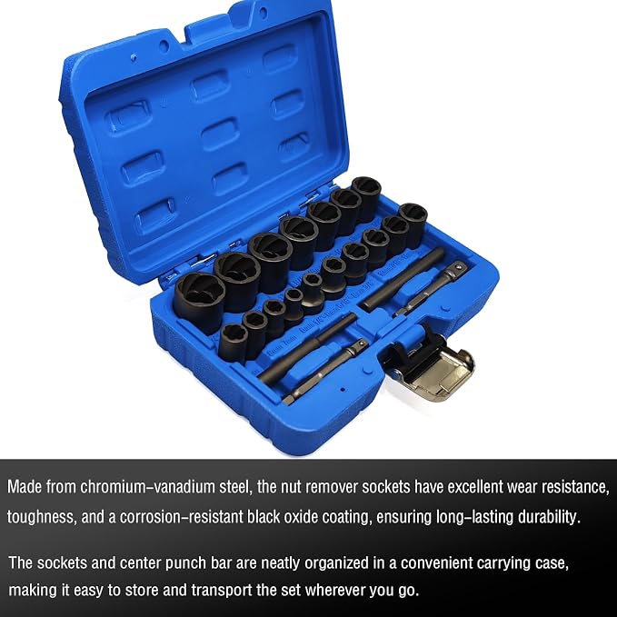 21PCS Twist Lug Nut Socket Set - 3/8 inch Drive Damaged Nut Lock Remover Extractor - Rusted & Strip & Stripped & Stuck Locking Nut Removal Tool Kit