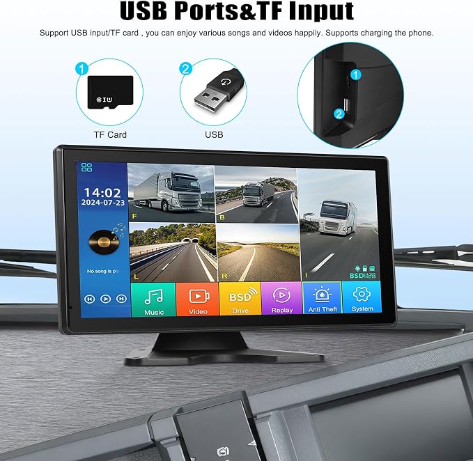 Vehicle Backup Camera for Trucks Pickups Bus Trailers Caravans 10.36-inch IPS HD Screen DVR Recording Reverse Monitor 5 Split Screen Waterproof Night Vision Stable Signal DIY Parking Lines