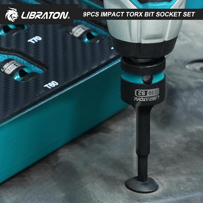LIBRATON Impact Torx Bit Socket Set, 1/2" Drive, S2 Steel, 9PCS Impact Star Bit Socket Set (T30-T80), High Impact Torx Sockets, XPE Storage, Professional Mechanic and Automotive Repair