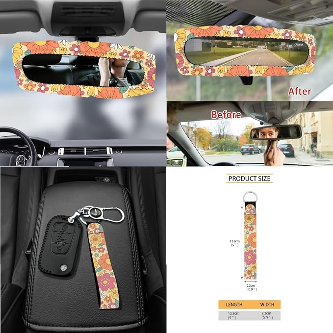 Vintage Hippie Floral Print 15Pcs Car Seat Cover Full Set Car Steering Wheel Cover Seat Belt Cover Trash Bin Air Vent Storage Box Front Rear View Mirror Car Cup Holder Keychain