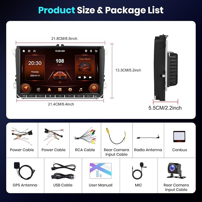 2G+64G for VW Passat Tiguan Golf Jetta T5 EOS Polo Skoda Android Car Stereo with Wireless Carplay Android Auto, 9“ Touch Screen Bluetooth Car Radio Support GPS Navigation WiFi FM SWC+Backup Camera