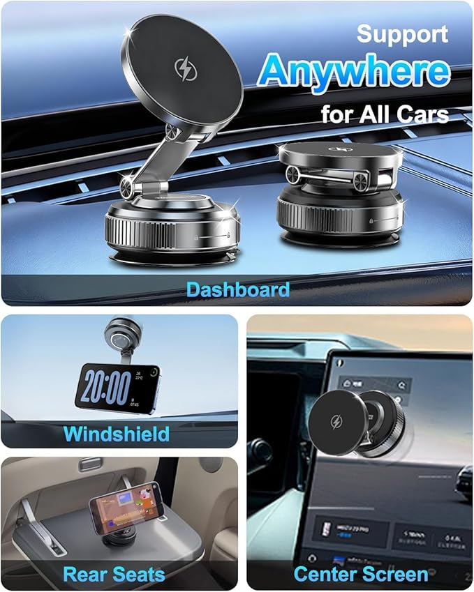 Vacuum Magnetic Phone Holder - 360° Adjustable Magsafe Car Mount, Foldable Car Phone Holder with Suction Cup Mount