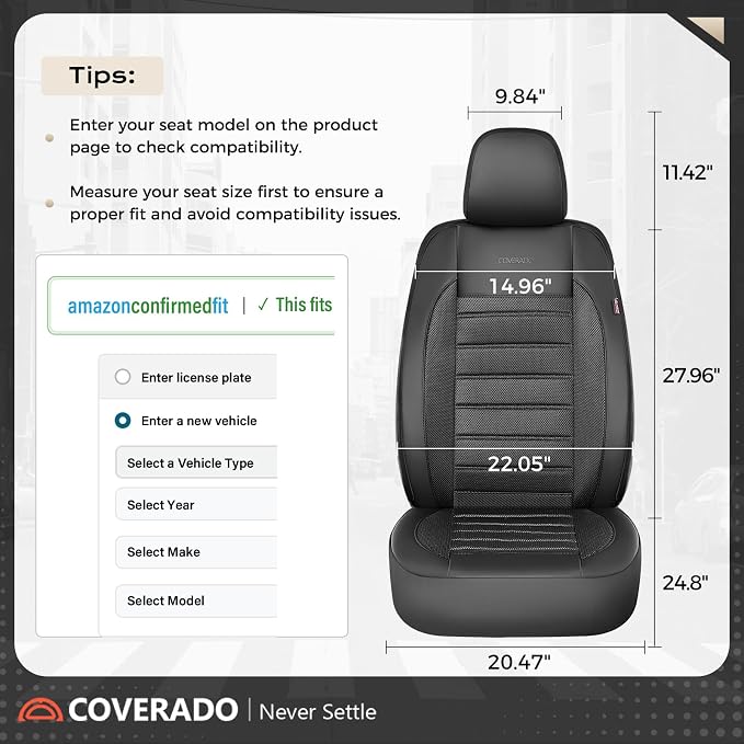 Coverado Car Seat Covers Front Seats Luxury Leather Automotive Mesh 2 Pack Airbag-Compatible Universal Fit Seat Protector Seat Cushion for SUV Sedan Truck Black