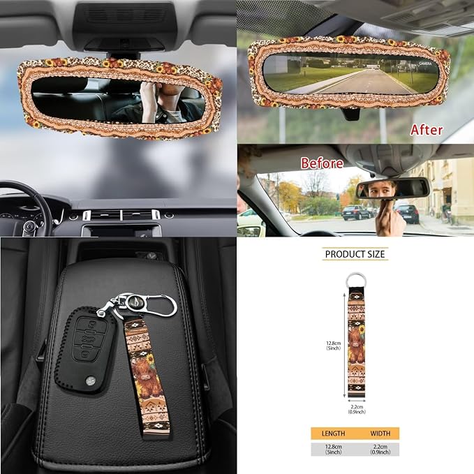 Aztec Tribal Geometric Highland Cow Sunflower Print Car Seat Covers Full Set, Steering Wheel Pad, Car Trash Can, Air Outlet Storage Bag, Seat Belt Pads, Car Coaster, Keychain, Set of 15