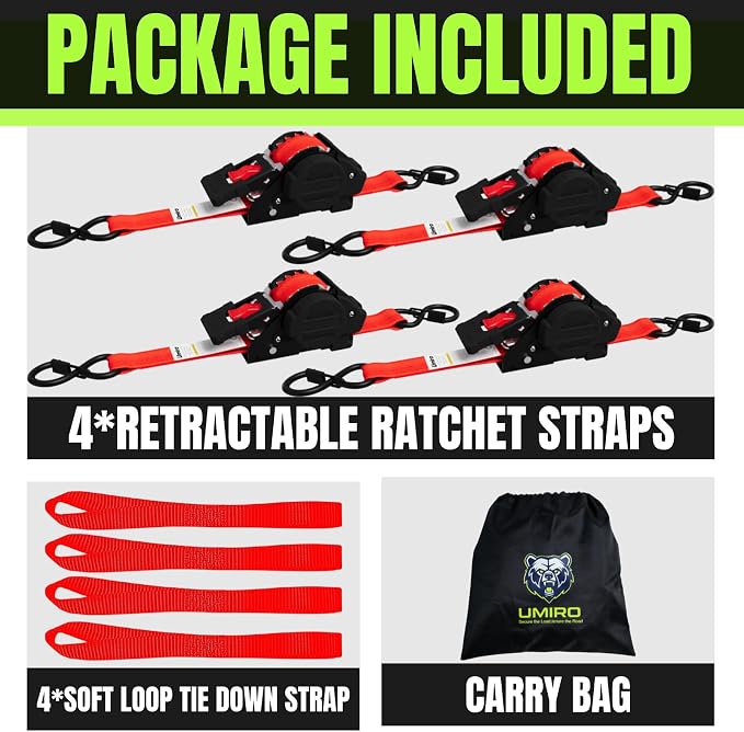Retractable Ratchet Straps, 4-Pack, 1 Inch x 12 Feet Heavy Duty Tie Downs, 1760lb Break Strength, Self Retracting for Truck, Cargo, Trailer, Motorcycle, ATV, UTV (Red, 4pack)