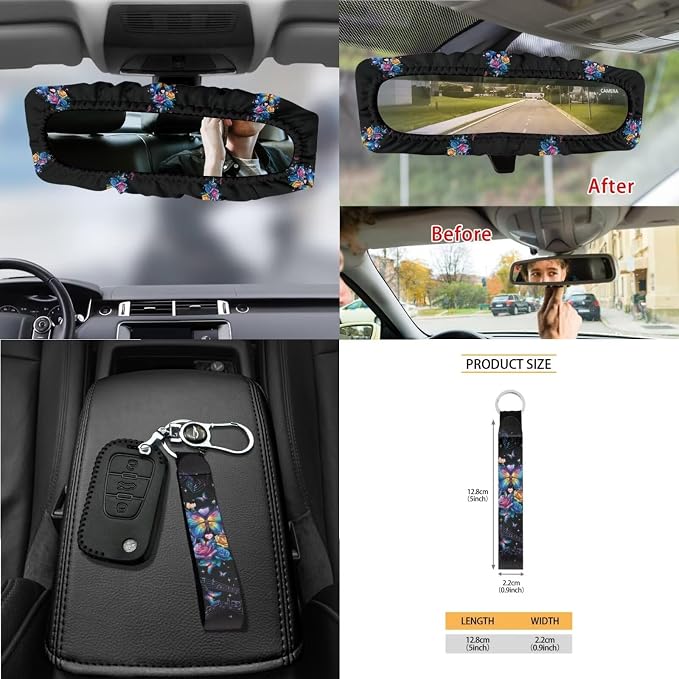 Butterfly Rose Car Seat Covers 15Pcs Full Set Car Steering Wheel Cover Seat Belt Cover Trash Bin Air Vent Storage Box Rear View Mirror Car Cup Holder Keychain Music Notes Print