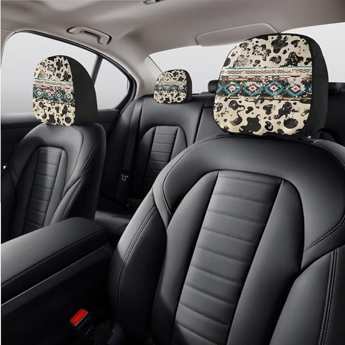 Wanyint Aztec Cow Print Retro Car Seat Cover for Front Back Seat Full Set Auto Steering Wheel Cover, Shift Knob Handbrake Covers, Coasters, Hedrest Cover Car Interior Accessories Protector