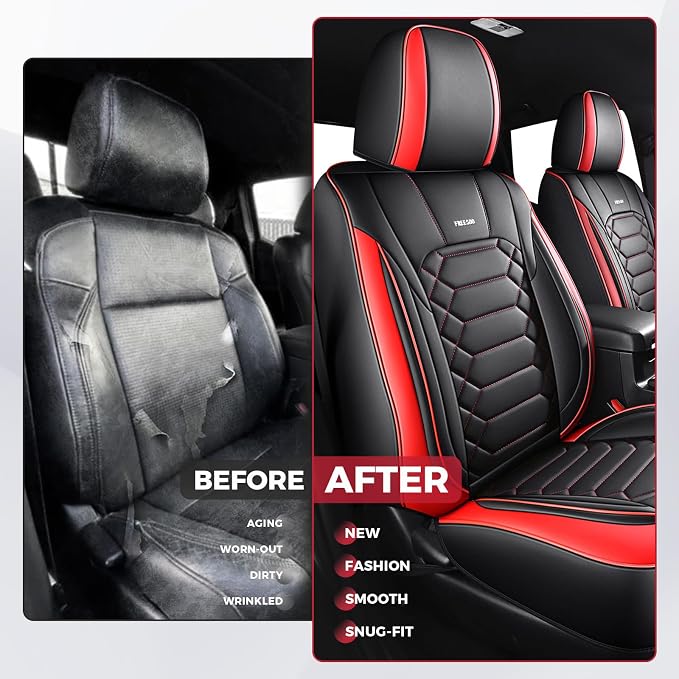 FREESOO Tacoma 2016-2023 Seat Covers Custom Fit for Toyota Tacoma Double Crew Cab Faux Leather Full Set Pickup Truck Seat Covers (Full Set, BlackRed)