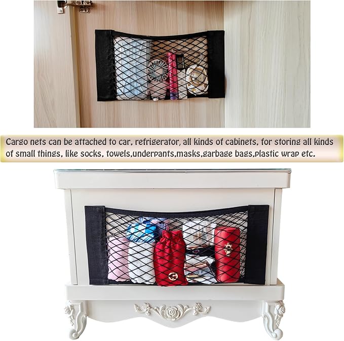 4Pack Automotive Cargo Net Car Storage Wall Sticker Organizer Pouch Bag Elastic Mesh Pocket with Tape Stickers for Trunk Organizer Holder for Cabinet Organize 4PCS (Same Size)