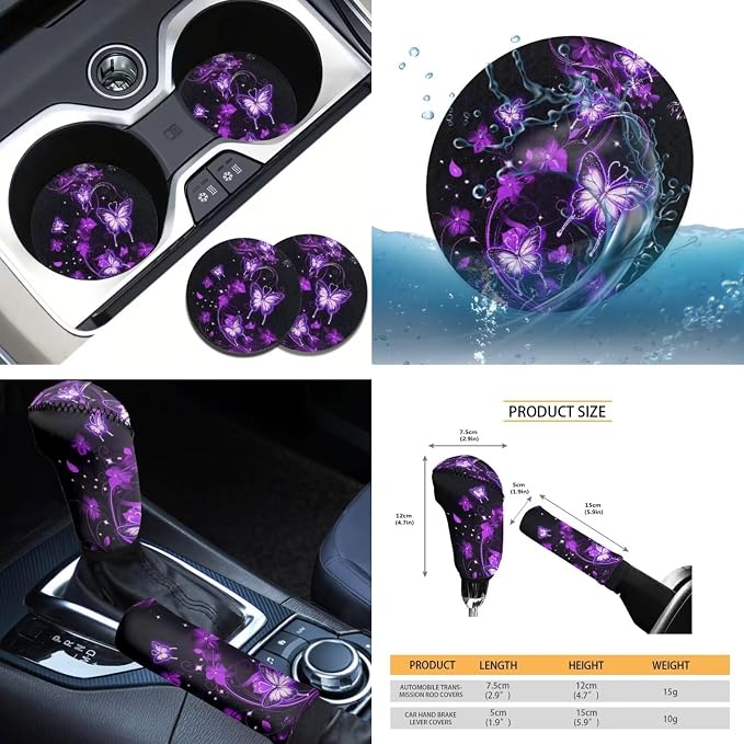 Tupalatus Purple Butterflies Car Seat Covers Full Set of 9 Steering Wheel Cover Seat Belt Pads Cover Cup Holder Coasters Gear Shift Hoodie Handbrake Cover for Cars Trucks and SUVs