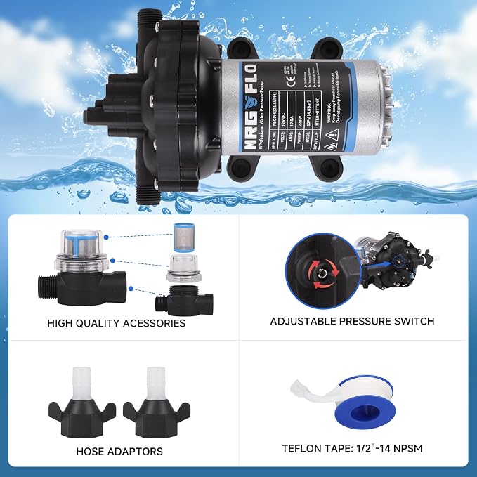 Upgrade 12V 80PSI7.5GPM RV Fresh Washdown Pump Kit Boat Washdown Pump,Five Chamber Self-Priming Diaphragm Pump with Heavy Duty Pressure Switch & Strainer for Boats, Marine, Yacht, Caravan, Camper