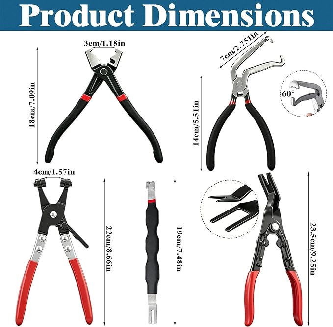 5PCS Automotive Electrical Disconnect Pliers with Connector Removal Tool & Hose Clamp Pliers & Trim Clip Remover, Universal Car Repair Tools Kit with Storage Case & Gloves
