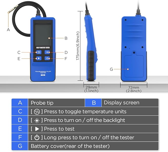 PLAYOCCAR Transmission Fluid Tester Automotive Digital Oil Quality Test Detector Gasoline & Diesel Gearbox Oil Diagnostic Tool with Temperature Sensor,31.5in Hose 2.8in Backlight Display