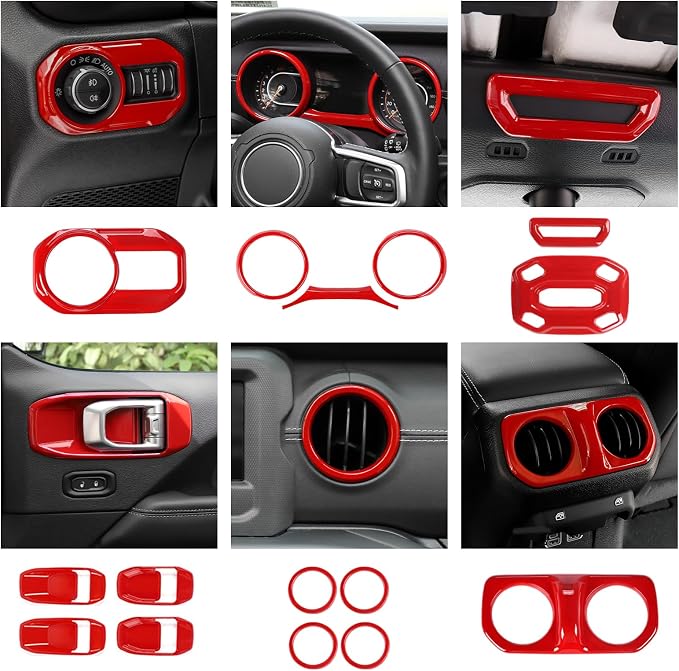 21PCS Red Interior Trim Kits Fit for 2018-2023 Jeep Wrangler JL JLU & Gladiator JT 4Door Interior Decor Accessories Dashboard AC Headlight Switch Roof Speaker Inner Door Bowl Steering Button Frame