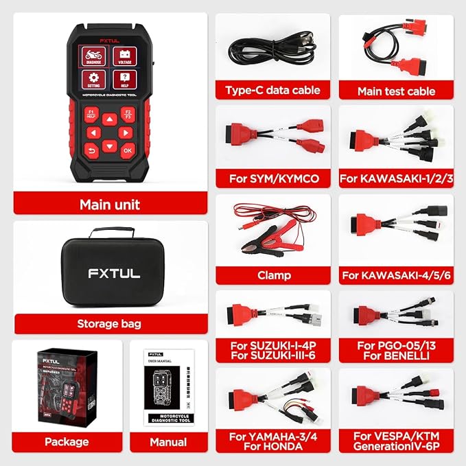 M4-As Motorcycle Diagnostic Tool Full System OBD2 Scanner 12+ Brands | Honda, Yamaha, Suzuki, Kawasaki, KTM, Vespa, KYMCO, SYM, PGO, Benelli, Euro 5/6, TPMS, ABS, IMMO, ECU Reset, Battery Test