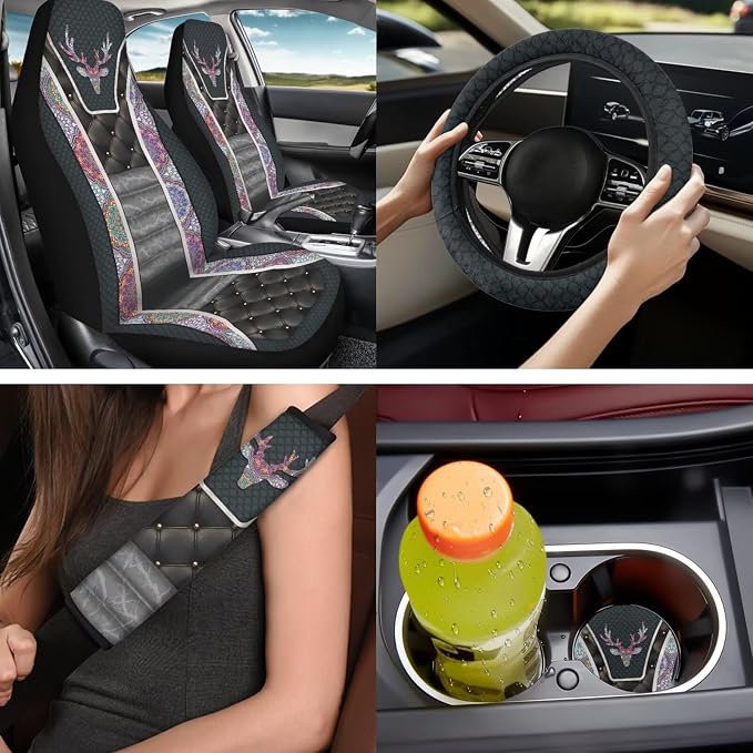 Bulopur Elk Auto Seat Covers Set with Matching 15 Inch Steering Wheel Cover Stretchy Armrest Cover Soft Seat Headrest Cover 14 Pieces Car Interior Accessories Set