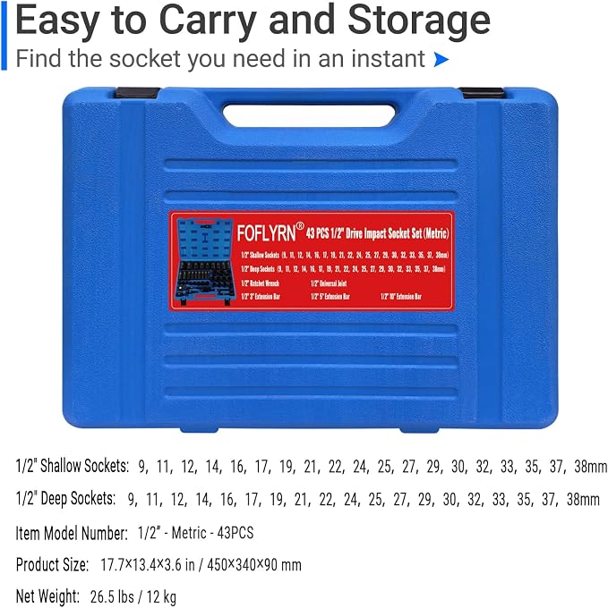 1/2" Drive Impact Socket Set,6-Point Metric Socket Set (9-38mm),43PCS Cr-Mo Material High Durability Deep Socket Set with Ratchet Wrench,Universal Joint,Extension Bar and Storage Case.