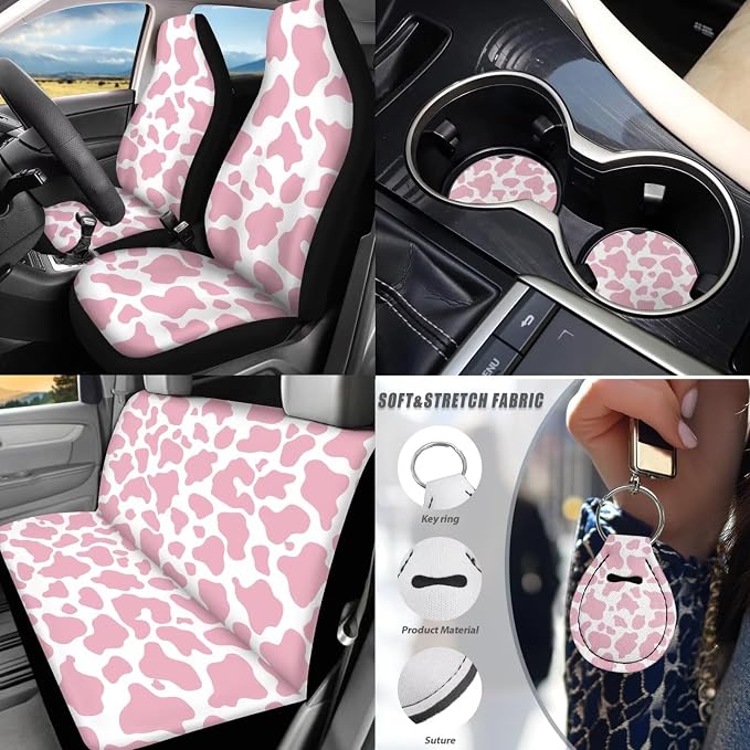 Pink Cow Print Car Seat Covers Full Set of 17 Pack Cute Cow Print Car Accessories Set with Vehicle Front Rear Carpets Mats Steering Wheel Accessories Armrest Pad,Universal Fit Most Car SUV