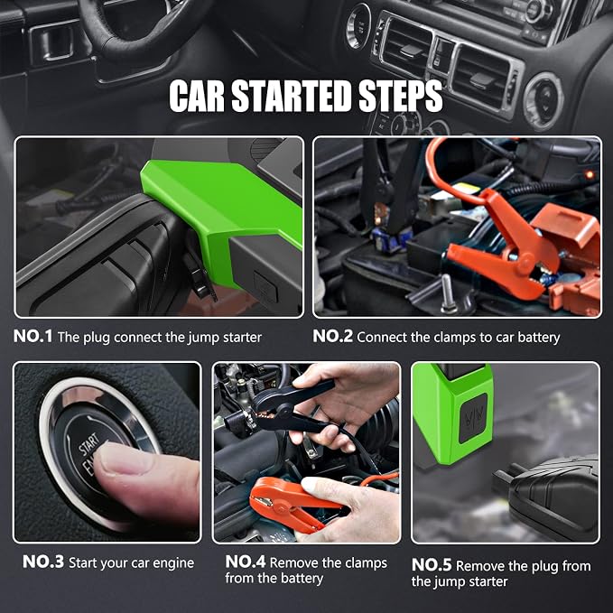 DNA Motoring TOOLS-00266 12V 1500A 15000 mAh Multi-Function Portable Car Battery Jump Starter for Up to 7.0L Gas & 5.5L Diesel Engine, with Carry Case, Green