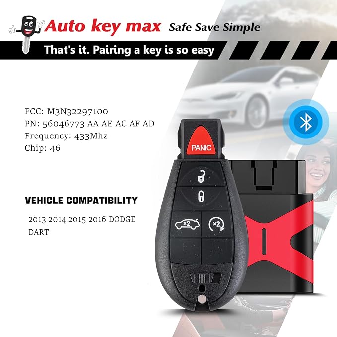 Programmable Keyfob, Replacement Car Keys Fob and DIY Programmer Kit for 2013-2016 Dodge Dart Remote M3N32297100