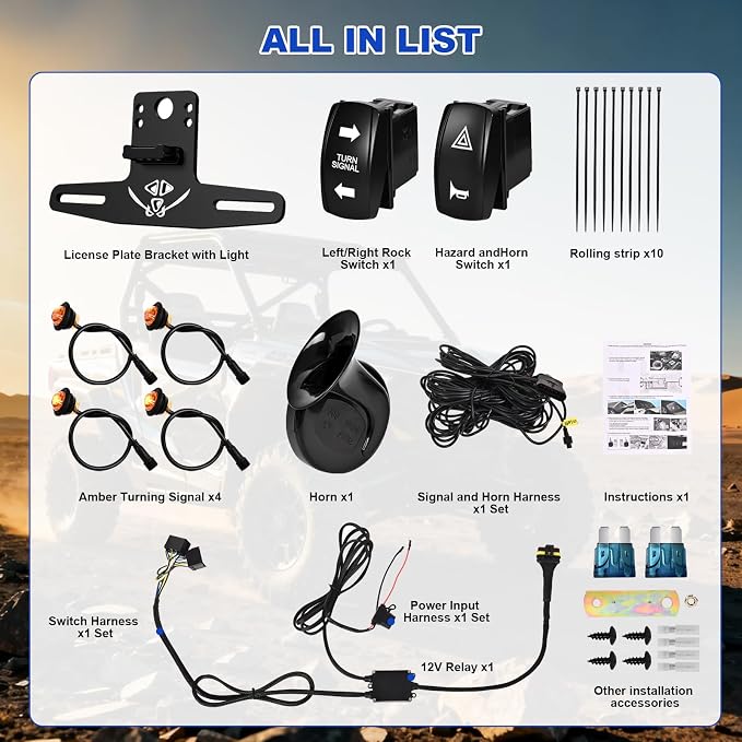 UTV Turn Signal Kit and License Plate Bracket with light, Pre-Wired, Plug and Play with Horn and Rocker Switch, Compatible with Polaris, Pioneer, Can-Am, Kawasaki, CFMOTO