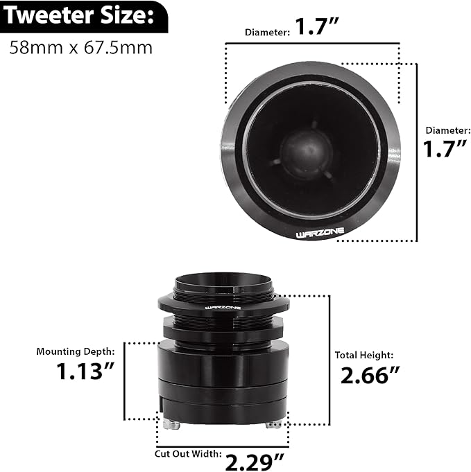 Warzone WZ45TW 1.7-Inch Super Tweeter Speaker, 4 Ohm, 1500W Max Power, 106dB Sensitivity, Titanium Diaphragm, CCAW Voice Coil for Pro Car Audio