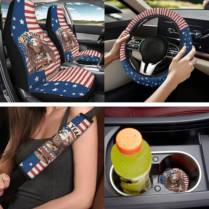 Bulopur American Flag Eagle Auto Seat Covers Front and Rear with Steering Wheel Cover Center Console Cushion Car Seat Headrest Covers Seat Belt Pads 250 Years Anniversary Car Interior Decor Set