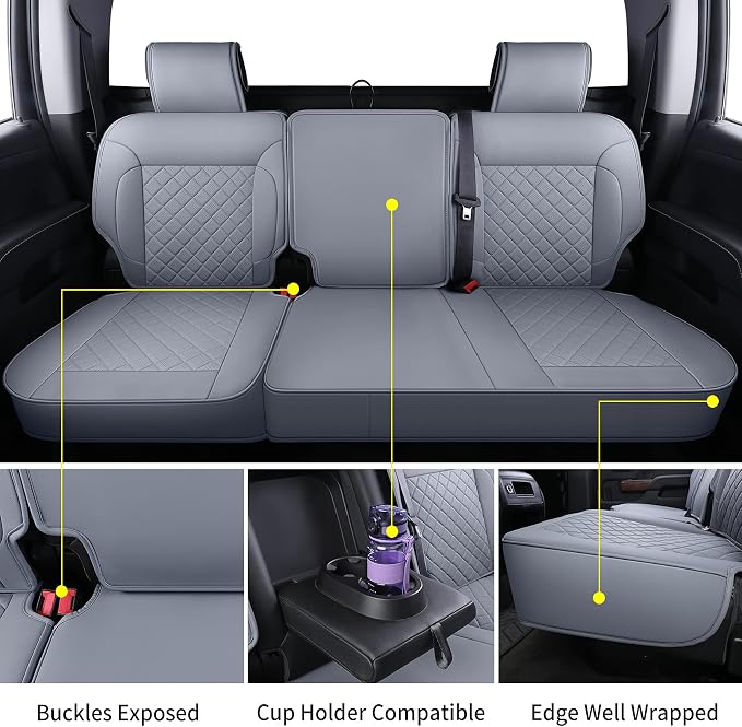LUCKYMAN CLUB Chevy Silverado/Sierra P01-S1 Seat Covers Full Set, Fit 2019-2024 1500/2020-2024 2500 HD/3500 HD Crew Cab with Breathable Faux Leather (Full Set, Gray)