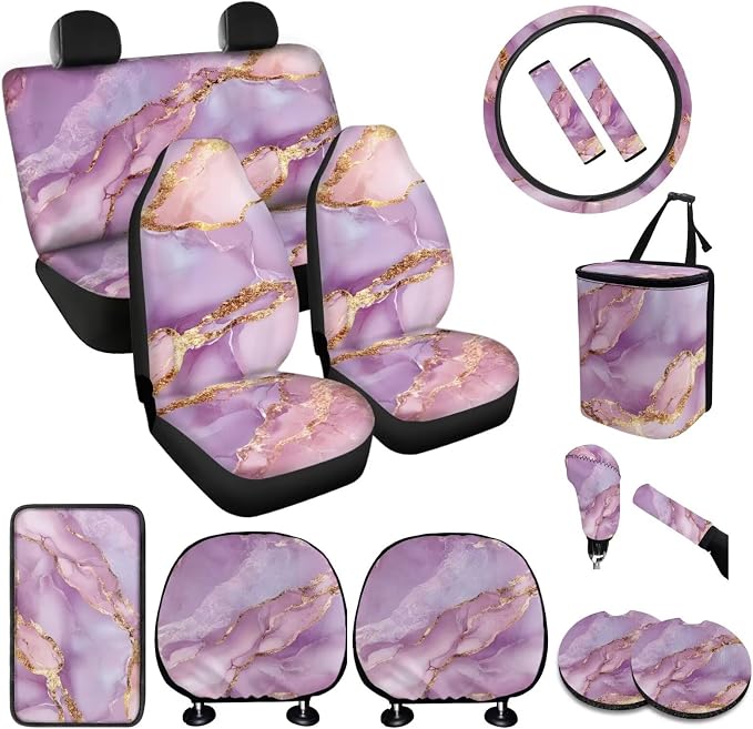 BIGCARJOB Pink Marble Print Car Seat Covers Set 15 Pcs Pink Marble Texture Car Interior Accessories Full Set Auto Seat Headrest Cover Steering Wheel Cover Car Trash Can Hanging
