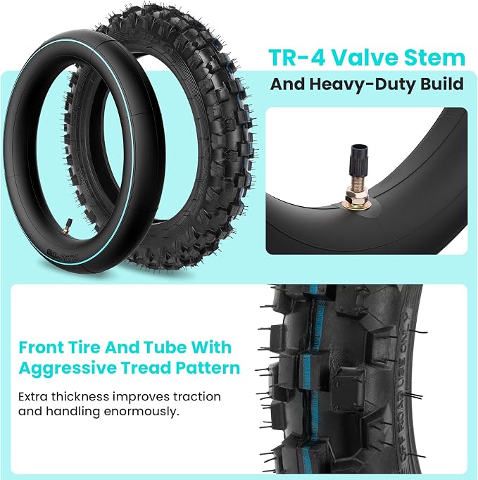 2.5-10" Off-Road Tire and Inner Tube Set, Dirt Bike Tire with 10-Inch Rim and 2.5/2.75-10 Dirt Bike Inner Tube Heavy Duty Compatiblewith Honda CRF50/XR50, Suzuki DRZ70/JR50, PW50(2 Set) 