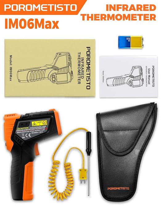 4 in 1 Temperature Gun POROMETISTO 4 Types of Alarm Setting,-58-1472°F Measure Infrared/Ambient Temperature Humidity Infrared Thermometers,Industrial Laser Thermometer Gun with K-Type Probe