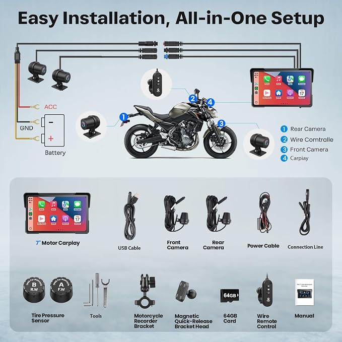 WonVon Motorcycle CarPlay Screen with Android Auto – 7” Waterproof GPS, Pantalla para Moto, Apple CarPlay, Navigation System for Motorcycle, Dual 2K Dash Cam Bluetooth Audio,64GB&TPMS with Magnetic
