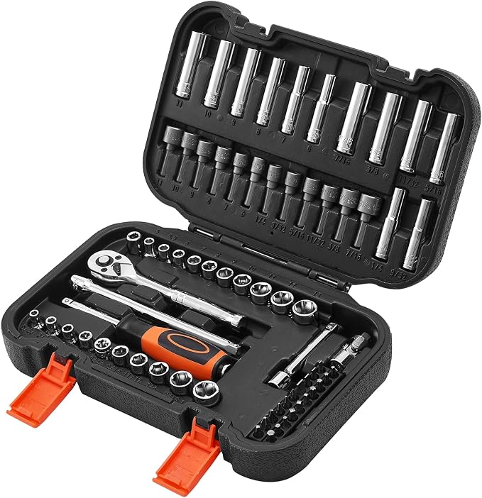VEVOR Socket Set, 70 Pieces, 1/4 inch Drive Socket and Ratchet Set, SAE and Metric, Deep and Shallow, Mechanic Tool Kit with Bits, Accessories and Storage Case, CR-V Alloy Steel, for Automotive Repair