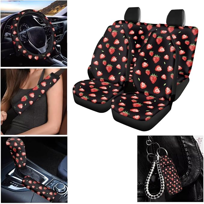 Strawberry Car Seat Covers for Women Cute Steering Wheel Cover Seatbelt Pad + Key Chains + Cup Coasters +Gear Shift Cover Washable Car Accessories Universal Fit Most Car SUV Van