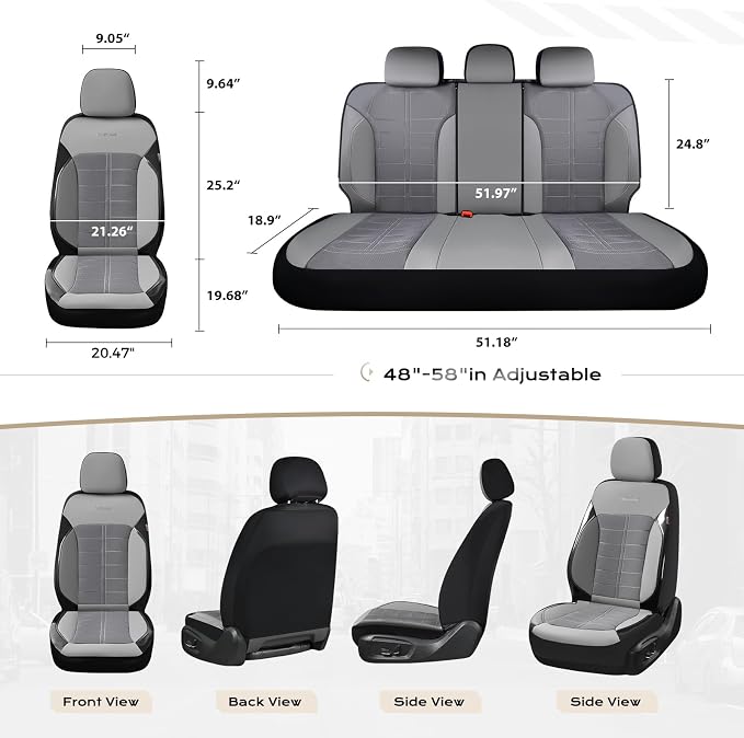 Coverado Leather and Air Mesh Seat Cover, Car Seat Cover Rear Seats, 3D Breathable Seat Protectors Sports Carbon Fiber Design Airbag Compatible Comfort Universal for Most Cars, Van,Trucks, SUV, Grey