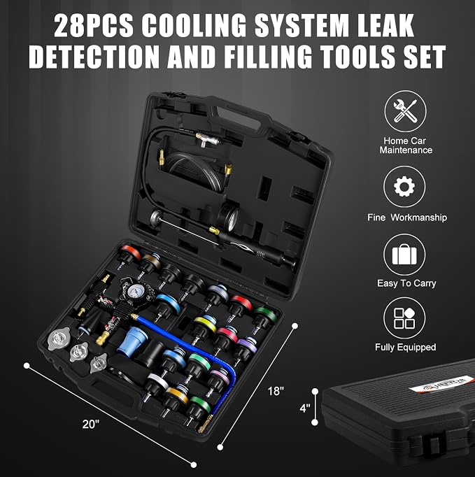 JIFETOR Radiator Coolant Pressure Tester Vacuum Refill Tool Kit, 28PCS Automotive Cooling System Leak Test and Pneumatic Purge Fill Set with Testing Adapter Caps Universal for Airlift Car Auto Truck
