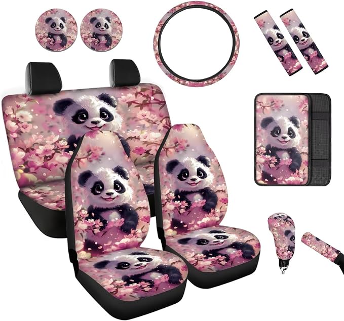 BIGCARJOB 12 Pack Cute Panda Print Car Seat Cover Set for Front and Rear Pink Auto Interior Accessories Full Set Lovely Panda Print Seat Belt Cover,Armrest Pads,Cup Holder Coaster