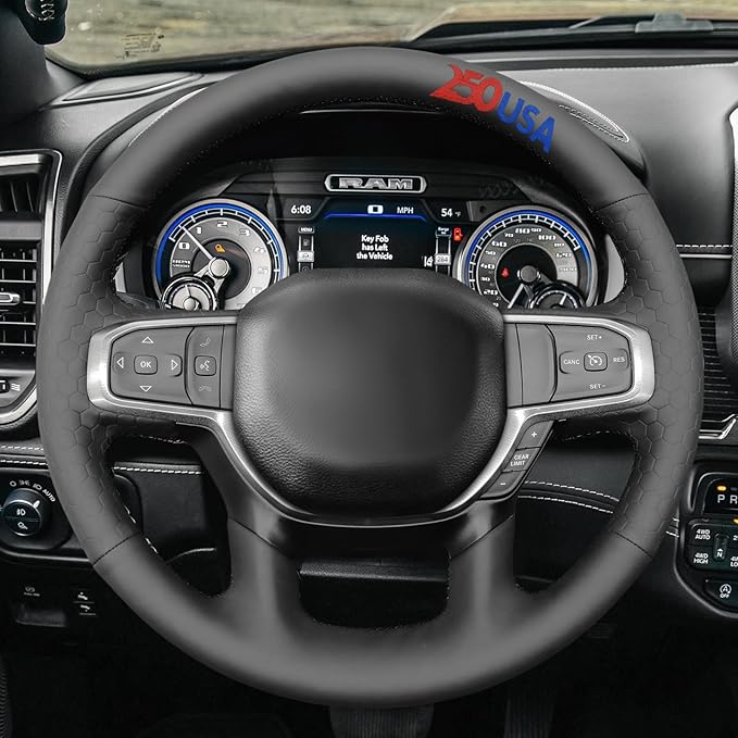 MEWANT USA 250th Anniversary Embroidered Hand-Stitched Steering Wheel Cover Custom Fit for Dodge Ram 1500 2019-2023(Backsides Without Buttons)