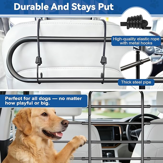 Adjustable Metal Dog Car Barrier, Universal Pet Divider with Steel Frame for SUV Truck Sedan & MPV, Car Dog Barrier & Back Seat Cargo Gate, Movable Panel Fits Seat Recline
