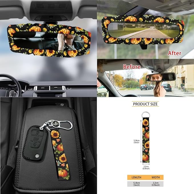 Sunflower Pumpkin Pattern Front and Back Seat Protector, Steering Wheel Cover Seat Belt Pads Trash Can Air Vent Storage Bag Keychain Thanksgiving Decor