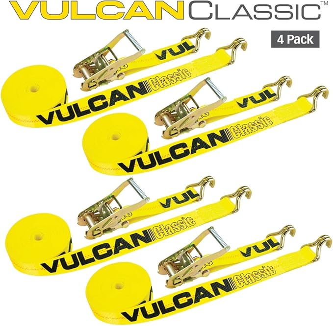 VULCAN Ratchet Straps with Wire J Hooks - 2 Inch x 15 Foot - 4 Pack - Classic Yellow - 3,300 Pound Safe Working Load