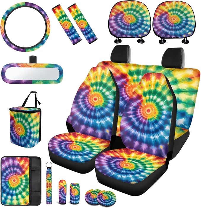 Tie Dye Car Seat Covers Full Set of 17 Pcs,Rainbow Tie Dye Car Accessories Sets with Rear View Mirror Cover,Auto Headrest Covers,Armrest Pad,Car Trash Can with Lid for Women Man