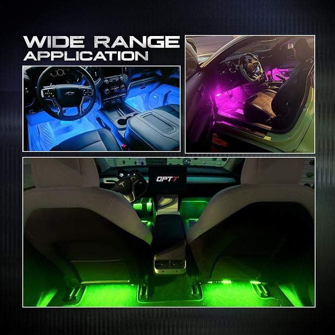 OPT7 Aura Double Row Car LED Lights Interior with Wireless Remote Control, Multicolor Mode, Sound Active Function Inside Ambient Lighting Kit, Footwell Floor Decor, Charger Adapter 12V, 4pc
