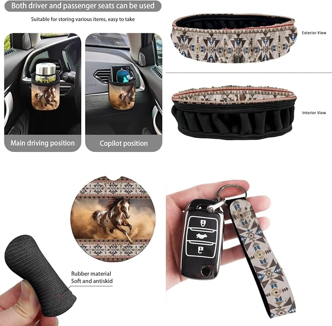 Dreaweet Native American Horse Seat Covers for Cars Full Set Southwestern Tribal Car Accessories Steering Wheel Cover Seat Belt Pads Coasters Trash Bag Air Vent Storage Bag Rearview Mirror Cover