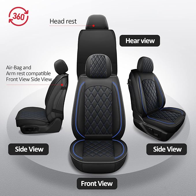MIROZO 2PCS Front Seat Covers,Waterproof Car Seat Cover Blue Vehicle Cushion Cover Breathable Fit for Most Sedan, Truck and SUV (Black and Blue,2PCS)