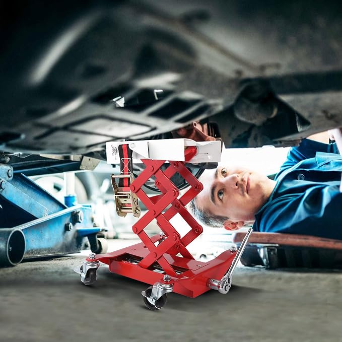 GarveeTech 450 LBS Low Profile Transmission Jack - Heavy-Duty Auto Repair Lift with 7-23 Inch Height Range, 2M Safety Straps & 4 Brake Wheels for Safe, Smooth Repairs - Red