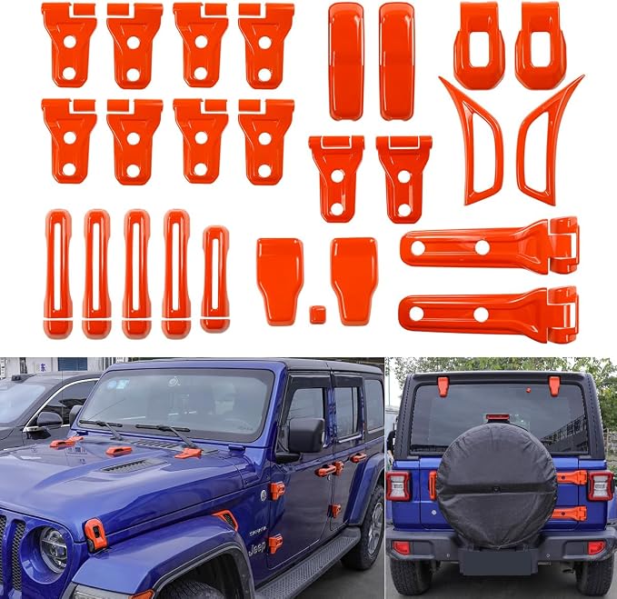 Barong for Jeep Wrangler JL JLU 2018-2025 Accessories Exterior Decoration Door Hinge Handle Engine Hood Hinge Hood Latch Wheel Eyebrow Side Air Outlet Rear Window Hinge Cover 26PCS Full Set(Orange)