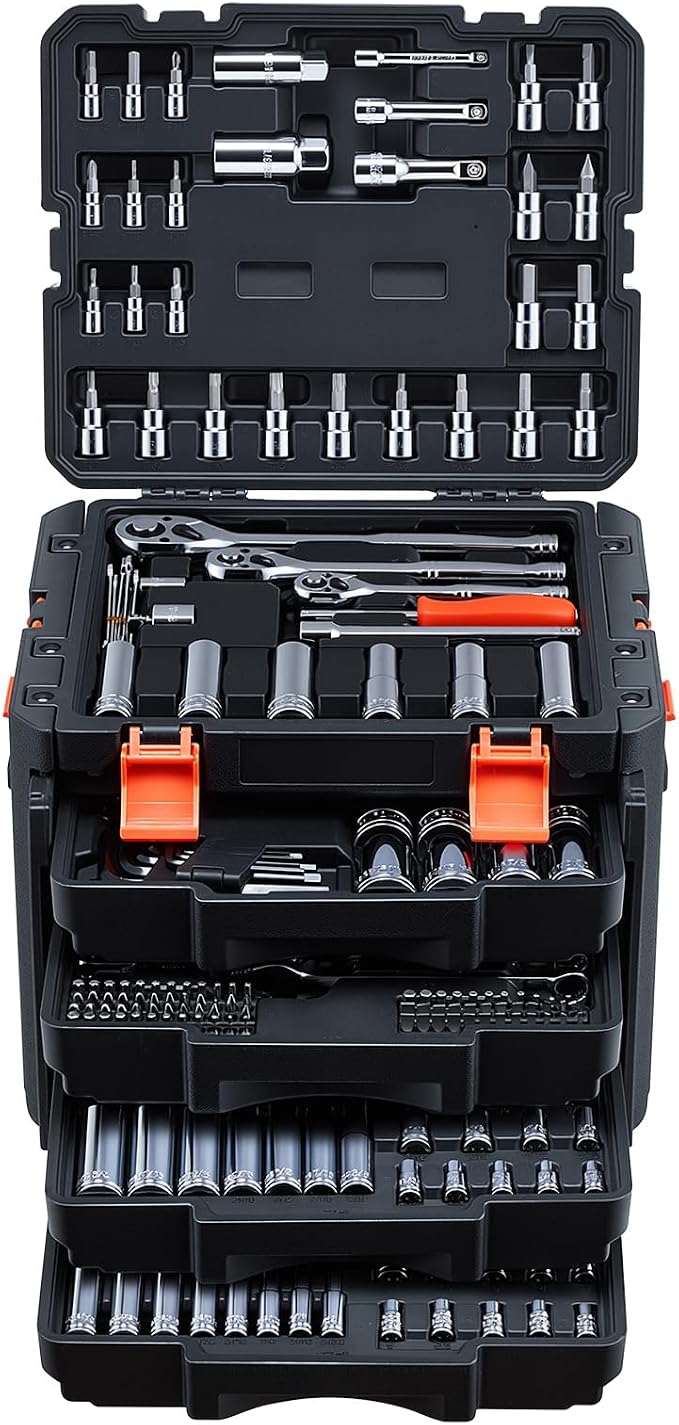 VEVOR Mechanics Tool Set, 297-Piece Mechanic Tool Kit, 1/4 in, 3/8 in, and 1/2 in Drive, SAE and Metric Socket Set, Wrenches, Screwdriver Bits, Accessories, and Storage Case, for Automotive Repair